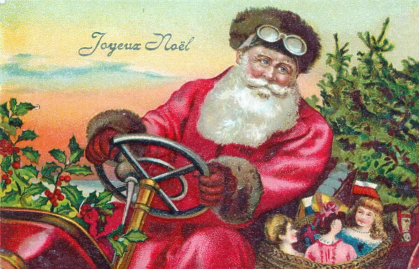 Santa Claus driving a car on a French Christmas postcard