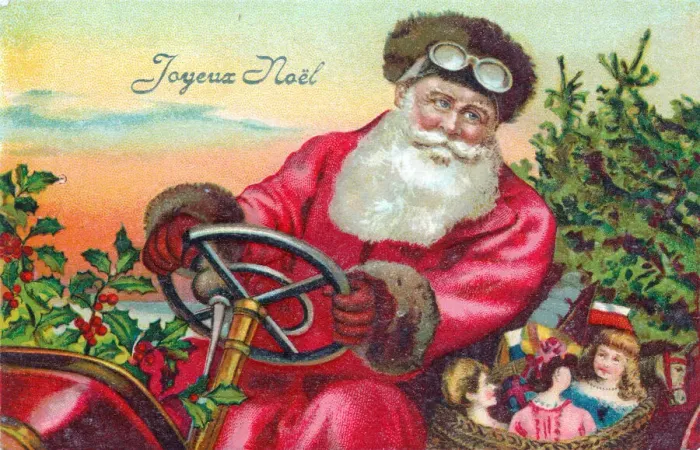 Framed Print : Santa Claus driving a car on a French Christmas postcard Framed Print : Santa Claus driving a car on a French Christmas postcard