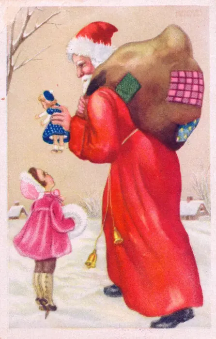 Framed Print : Santa Claus with girl on a Christmas postcard Framed Print : Santa Claus with girl on a Christmas postcard