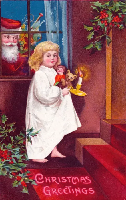 Framed Print : Santa Claus and girl on a Christmas postcard Framed Print : Santa Claus and girl on a Christmas postcard