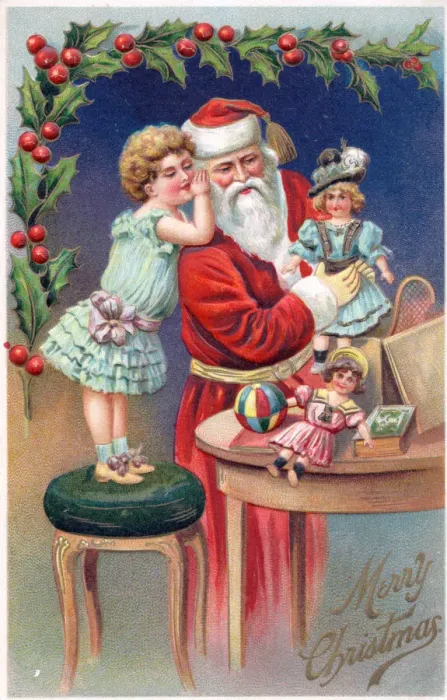 Framed Print : Santa Claus with girl and dolls on a Christmas postcard Framed Print : Santa Claus with girl and dolls on a Christmas postcard