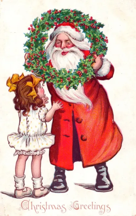 Framed Print : Santa Claus with girl and holly on a Christmas postcard Framed Print : Santa Claus with girl and holly on a Christmas postcard