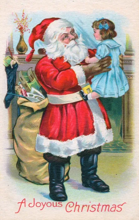 Framed Print : Santa Claus with girl and presents on a Christmas postcard Framed Print : Santa Claus with girl and presents on a Christmas postcard
