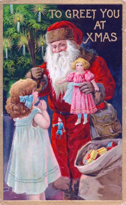 Framed Print : Santa Claus with girl and tree on a Christmas postcard Framed Print : Santa Claus with girl and tree on a Christmas postcard