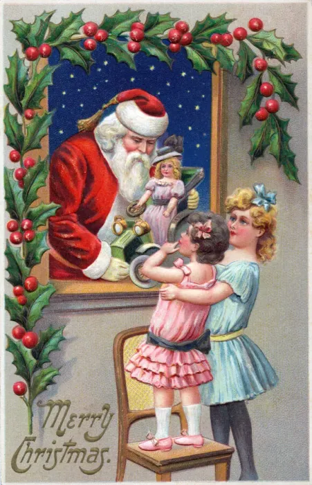 Framed Print : Santa Claus with girls and doll on a Christmas postcard Framed Print : Santa Claus with girls and doll on a Christmas postcard