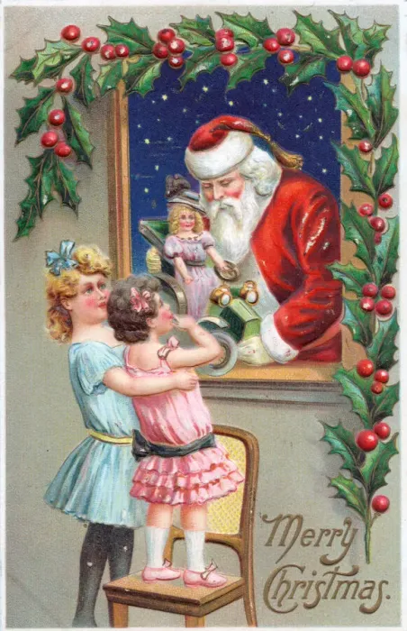 Framed Print : Santa Claus with girls and doll on a Christmas postcard Framed Print : Santa Claus with girls and doll on a Christmas postcard