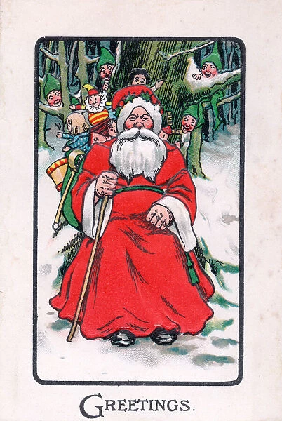 Santa Claus with goblins on a Christmas postcard