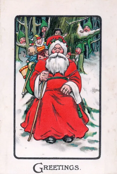 Framed Print : Santa Claus with goblins on a Christmas postcard Framed Print : Santa Claus with goblins on a Christmas postcard