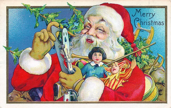 Santa Claus holding presents on a Christmas postcard