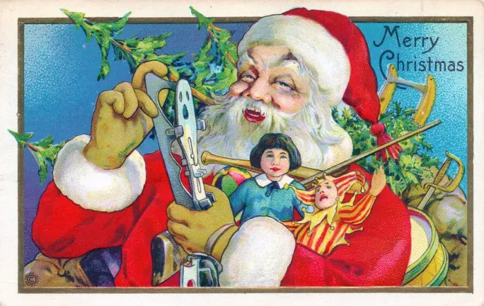 Framed Print : Santa Claus holding presents on a Christmas postcard Framed Print : Santa Claus holding presents on a Christmas postcard