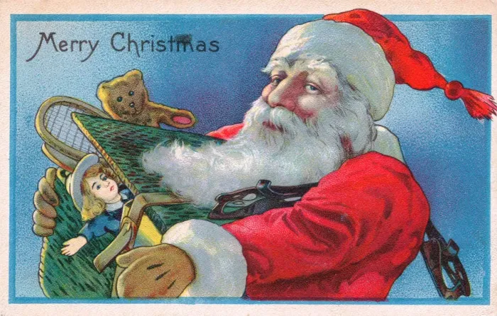 Framed Print : Santa Claus holding presents on a Christmas postcard Framed Print : Santa Claus holding presents on a Christmas postcard