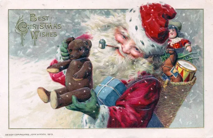 Framed Print : Santa Claus holding a teddy bear on a Christmas postcard Framed Print : Santa Claus holding a teddy bear on a Christmas postcard
