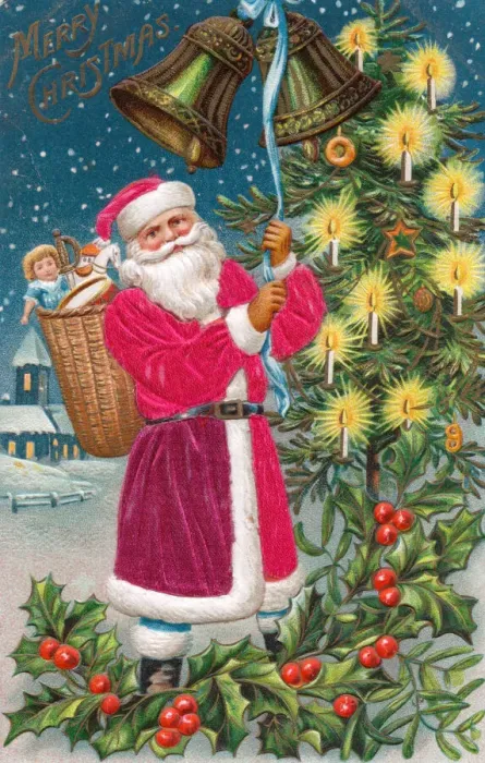 Framed Print : Santa Claus with holly and bells on a Christmas postcard Framed Print : Santa Claus with holly and bells on a Christmas postcard