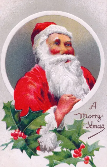 Framed Print : Santa Claus with holly on a Christmas postcard Framed Print : Santa Claus with holly on a Christmas postcard