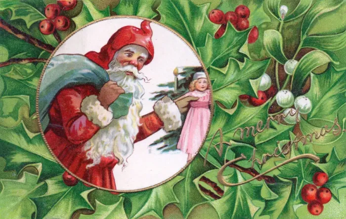 Framed Print : Santa Claus with holly and mistletoe on a Christmas postcard Framed Print : Santa Claus with holly and mistletoe on a Christmas postcard