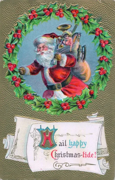 Framed Print : Santa Claus with holly and sack on a Christmas postcard Framed Print : Santa Claus with holly and sack on a Christmas postcard