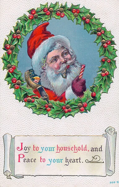 Santa Claus with holly and sack on a Christmas postcard
