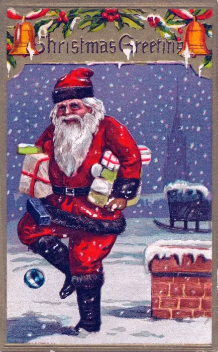 Framed Print : Santa Claus on a house roof on a Christmas postcard Framed Print : Santa Claus on a house roof on a Christmas postcard