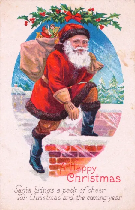 Framed Print : Santa Claus on a house roof on a Christmas postcard Framed Print : Santa Claus on a house roof on a Christmas postcard