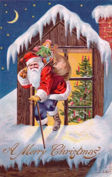 Framed Print : Santa Claus on a house roof on a Christmas postcard Framed Print : Santa Claus on a house roof on a Christmas postcard