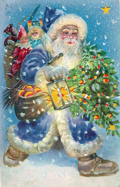 Santa Claus with lantern and tree on a Christmas postcard