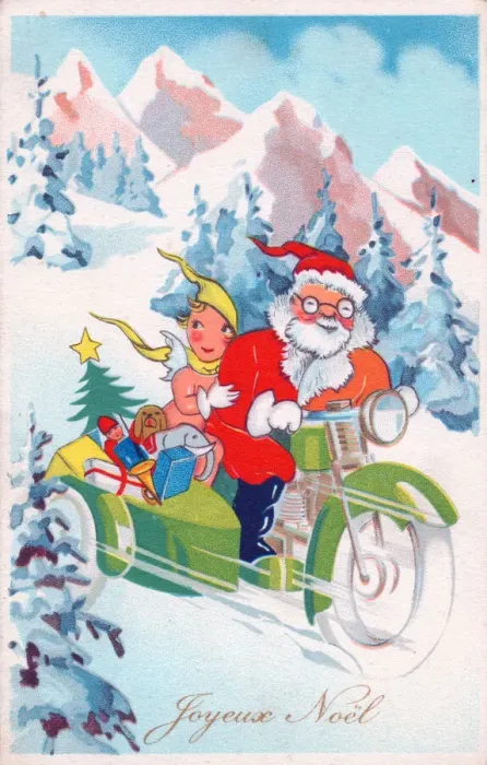 Framed Print : Santa Claus on a motorbike on a French Christmas postcard Framed Print : Santa Claus on a motorbike on a French Christmas postcard