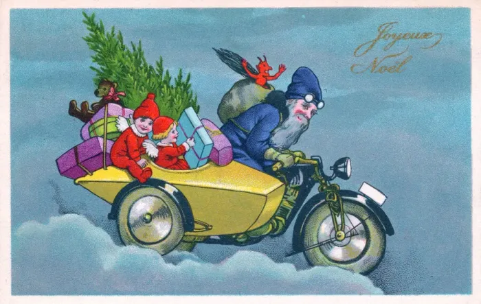 Framed Print : Santa Claus on a motorbike on a French Christmas postcard Framed Print : Santa Claus on a motorbike on a French Christmas postcard