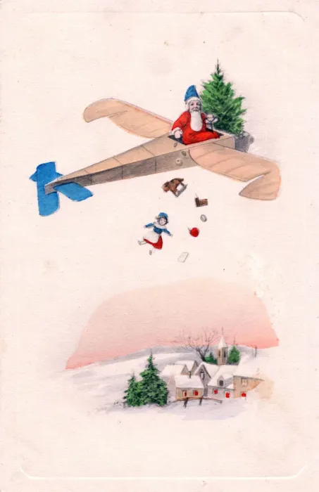 Framed Print : Santa Claus in a plane on a Christmas postcard Framed Print : Santa Claus in a plane on a Christmas postcard
