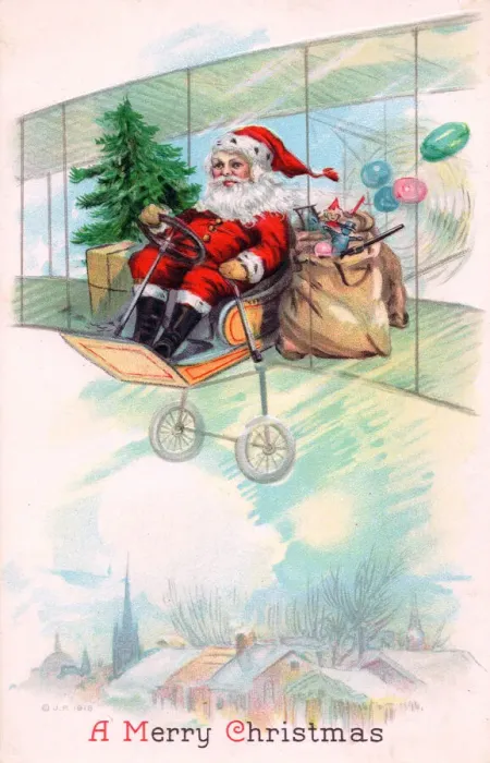 Framed Print : Santa Claus in a plane on a Christmas postcard Framed Print : Santa Claus in a plane on a Christmas postcard