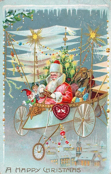 Santa Claus in a plane on a Christmas postcard