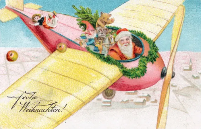 Framed Print : Santa Claus in a plane on a German Christmas postcard Framed Print : Santa Claus in a plane on a German Christmas postcard