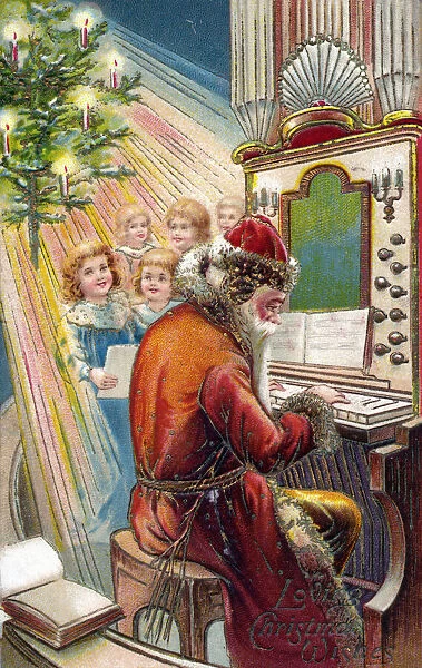 Santa Claus playing the organ - Christmas Postcard