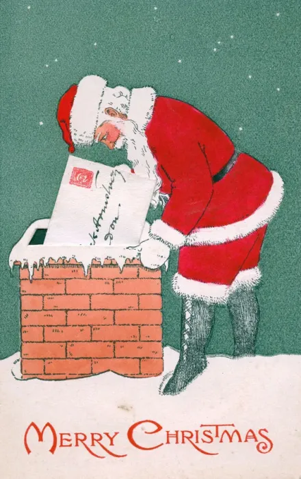 Framed Print : Santa Claus posting into a chimney on a Christmas postcard Framed Print : Santa Claus posting into a chimney on a Christmas postcard