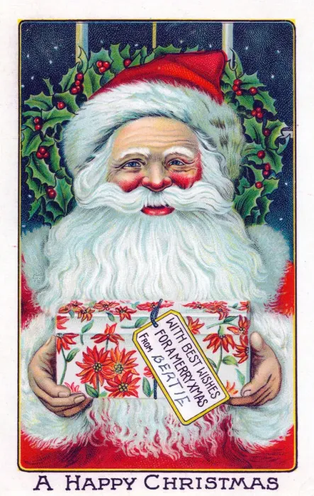 Framed Print : Santa Claus with present on a Christmas postcard Framed Print : Santa Claus with present on a Christmas postcard