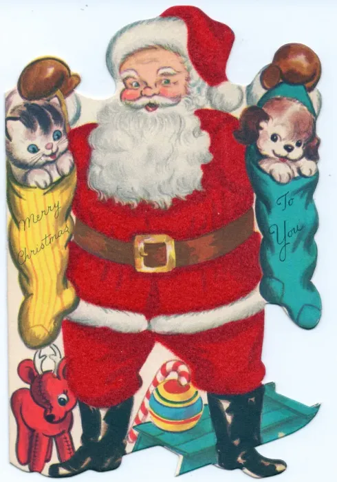 Framed Print : Santa Claus with presents on a Christmas card Framed Print : Santa Claus with presents on a Christmas card