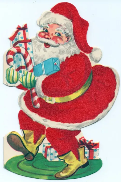 Framed Print : Santa Claus with presents on a Christmas card Framed Print : Santa Claus with presents on a Christmas card