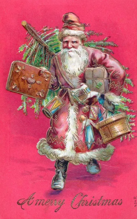 Framed Print : Santa Claus with presents on a Christmas postcard Framed Print : Santa Claus with presents on a Christmas postcard