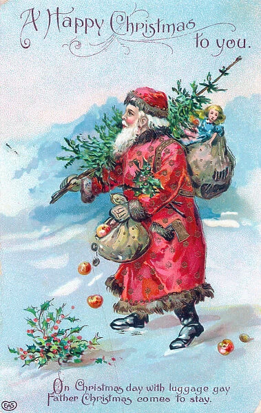 Santa Claus with presents on a Christmas postcard