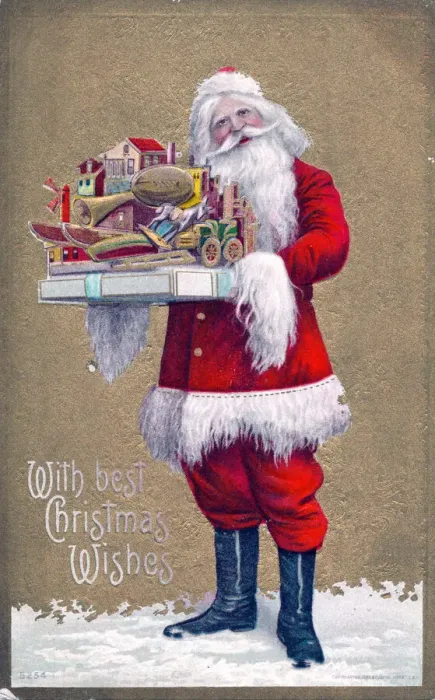 Framed Print : Santa Claus with presents on a Christmas postcard Framed Print : Santa Claus with presents on a Christmas postcard