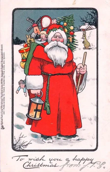 Framed Print : Santa Claus with presents on a Christmas postcard Framed Print : Santa Claus with presents on a Christmas postcard