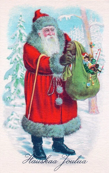 Santa Claus with presents on a Finnish Christmas postcard