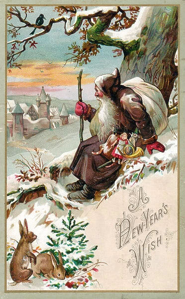 Santa Claus with presents on a New Year postcard