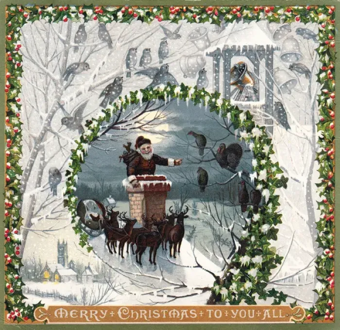 Framed Print : Santa Claus with reindeer on a Christmas card Framed Print : Santa Claus with reindeer on a Christmas card