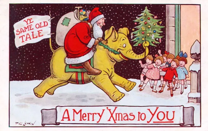Framed Print : Santa Claus riding an elephant on a Christmas postcard Framed Print : Santa Claus riding an elephant on a Christmas postcard