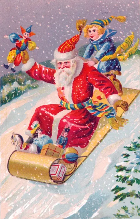 Framed Print : Santa Claus riding a sled on a Christmas postcard Framed Print : Santa Claus riding a sled on a Christmas postcard