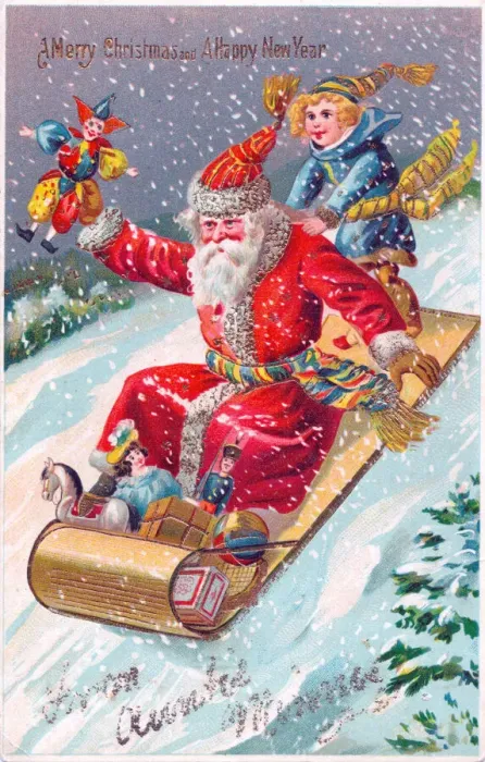 Framed Print : Santa Claus riding a sled on a Christmas postcard Framed Print : Santa Claus riding a sled on a Christmas postcard