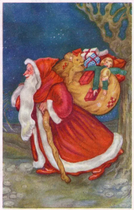 Framed Print : Santa Claus with his sack on a Christmas postcard Framed Print : Santa Claus with his sack on a Christmas postcard