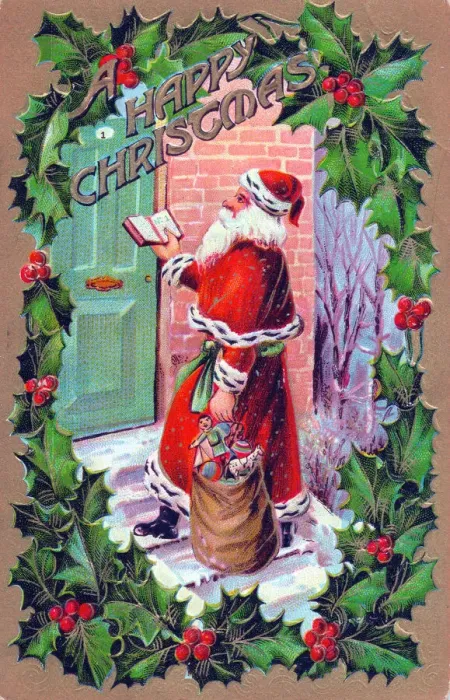Framed Print : Santa Claus with his sack on a Christmas postcard Framed Print : Santa Claus with his sack on a Christmas postcard