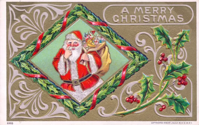 Framed Print : Santa Claus with his sack on a Christmas postcard Framed Print : Santa Claus with his sack on a Christmas postcard