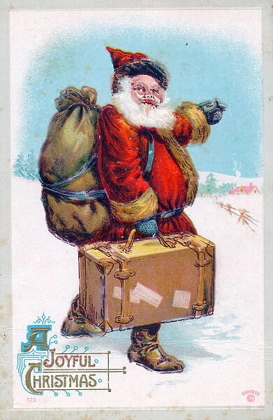 Santa Claus with sack and suitcase on a Christmas postcard